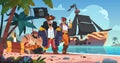 Pirates on island. Cartoon kids background with corsairs and pirate characters on sea beach with treasure chest spyglass Royalty Free Stock Photo