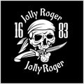 Pirates Jolly Roger symbol. Vector poster of skull with pirate eye patch, crossed bones and swords or sabers. Black flag