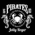 Pirates Jolly Roger symbol. Vector poster of skull with pirate eye patch, crossed bones and swords or sabers. Black flag Royalty Free Stock Photo