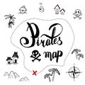 Pirates map icon set old ink hand drawn cartoon style , black isolated on white  illustration . text lettering , rose of win Royalty Free Stock Photo