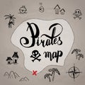 Pirates map icon set old ink hand drawn cartoon style , black isolated on white  illustration . text lettering , rose of win Royalty Free Stock Photo