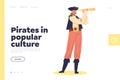 Pirates in popular culture concept of landing page with sailor looking in spyglass