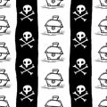 Pirates seamless pattern , black captain Jolly Roger flag background wallpaper, repeatable funny hand painted texture of skull and Royalty Free Stock Photo