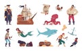 Pirates set. Cartoon crew of filibusters and captain on sailing ship. Mermaid swimming with marine animals. Treasure map