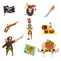 Pirates set, pirate adventures accessories, black flag with ckull and bones, sabre, treasure map, chest vector