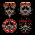 Pirates set of vector emblems. Illustration in colorful style on dark background