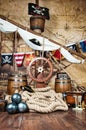 Pirates ship deck with steering wheel and flag Royalty Free Stock Photo