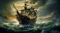 Pirates ship in open sea. Generative AI Royalty Free Stock Photo