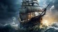 Pirates ship in open sea. Generative AI Royalty Free Stock Photo