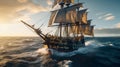 Pirates ship in open sea. Generative AI Royalty Free Stock Photo