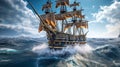 Pirates ship in open sea. Generative AI Royalty Free Stock Photo