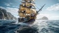 Pirates ship in open sea. Generative AI Royalty Free Stock Photo