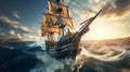 Pirates ship in open sea. Generative AI Royalty Free Stock Photo