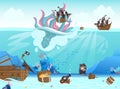 Pirates ship shipwreck, giant octopus taking black sail to sea bottom cartoon vector illustration.