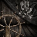 Pirates ship steering wheel with old jolly roger flag 3d illustration Royalty Free Stock Photo