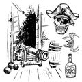 Pirates skull in hat. The ship`s cannon in the hold of the ship and balls. Sketch