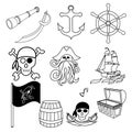 Pirates themed drawings by hand. Pirate symbols-swords, treasure chest, skull and crossbones, Davy Jones, octopus