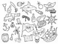 Pirates themed freehand drawings set. Symbols of piracy - hat, swords, guns, treasure chest, ship, black flag, jolly roger emblem