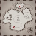 Pirates treasure map hand drawn cartoon black ink isolated on white , palms at uninhabited island cross sign way search gold chest Royalty Free Stock Photo