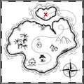 Pirates treasure map hand drawn cartoon black ink isolated on white , palms at uninhabited island cross sign way search gold chest Royalty Free Stock Photo