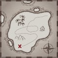 Pirates treasure map hand drawn cartoon black ink isolated on white , palms at uninhabited island cross sign way search gold chest Royalty Free Stock Photo