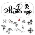 pirates map icon set old ink hand drawn cartoon style , black isolated on white  illustration . text lettering , rose of win Royalty Free Stock Photo