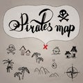 Pirates map icon set old ink hand drawn cartoon style , black isolated on white  illustration . text lettering , rose of win Royalty Free Stock Photo