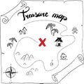 Pirates treasure map hand drawn cartoon black ink isolated on white , palms at uninhabited island cross sign way search gold chest Royalty Free Stock Photo