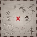 Pirates treasure map hand drawn cartoon black ink on old paper texture , palms at uninhabited island cross sign way search gold ch Royalty Free Stock Photo