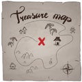 Pirates treasure map hand drawn cartoon black ink on old paper texture , palms at uninhabited island cross sign way search gold ch Royalty Free Stock Photo