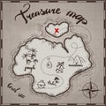 Pirates treasure map hand drawn cartoon black ink on old paper texture , palms at uninhabited island cross sign way search gold ch Royalty Free Stock Photo