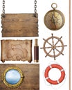 Pirates treasure map and other nautical objects 3d illustration isolated