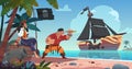 Pirates on tropical island. Sea landscape with pirate ship and male character looking at spyglass. Cartoon woman sitting Royalty Free Stock Photo