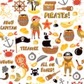 Pirates vector cartoon seamless pattern. Adventures and Pirate party background for Kindergarten. Children Adventure