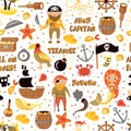 Pirates vector cartoon seamless pattern. Adventures and Pirate party background for Kindergarten. Children Adventure