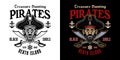 Pirates vector emblem with men head and two crossed sabers. Illustration in two styles black on white and colorful on
