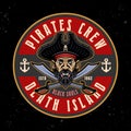 Pirates vector round emblem with men head and two crossed sabers. Illustration in colorful style on dark background