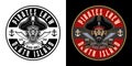 Pirates vector round emblem with men head and two crossed sabers. Illustration in two styles black on white and colorful