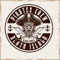 Pirates vector round emblem with men head and two crossed sabers in vintage style illustration isolated on background