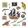 Piratic vector pirating sailboat and parrot character of pirot or buccaneer illustration set of piracy signs hat or