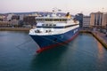 Big ferries boats in the passenger port of Piraeus on the sunset time, Athens, Greece