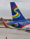 Pirit Airlines tail fin at O`Hare International Airport in Chicago