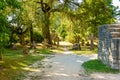 Many headstones of different types in the cemetery at the Pirita Convent Ruins in northern Estonia