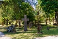 Many headstones of different types in the cemetery at the Pirita Convent Ruins in northern Estonia Royalty Free Stock Photo