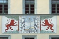 Pirna, Saxony, Germany - 18 September 2019: sundial on the facade of the town hall of the city of Pirna