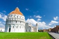Pisa Baptistery Battistero, Pisa Cathedral Duomo Cattedrale and Leaning Tower Torre on Piazza del Miracoli square Royalty Free Stock Photo