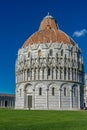 Pisa, Italy - 25 June 2018: Pisa Baptistery Battistero di Pisa on Piazza del Miracoli Duomo square,Camposanto cemetery, leaning Royalty Free Stock Photo