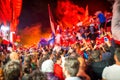 PISA, ITALY - JUNE 15TH, 2016: Local fans celebrate the soccer team's promotion. Celebrations in the night with smoke bombs and a Royalty Free Stock Photo