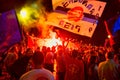 PISA, ITALY - JUNE 15TH, 2016: Local fans celebrate the soccer team's promotion. Celebrations in the night with smoke bombs Royalty Free Stock Photo