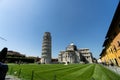 PISA, ITALY - May 03, 2018: Wide fisheye looking shot of the tower of pisa and the back of the cathedral, Italy